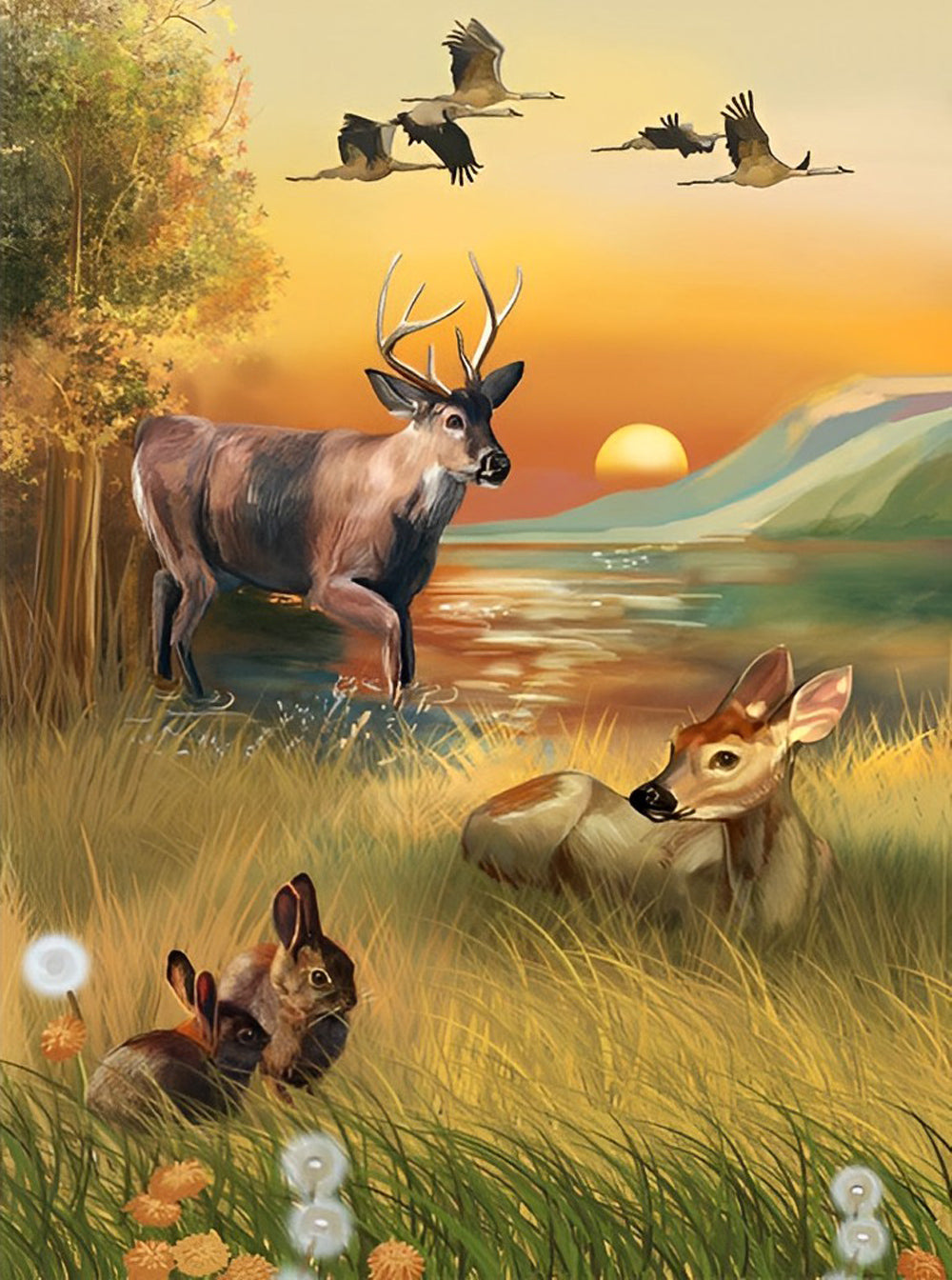 Cerfs et la Rivière Broderie Diamant