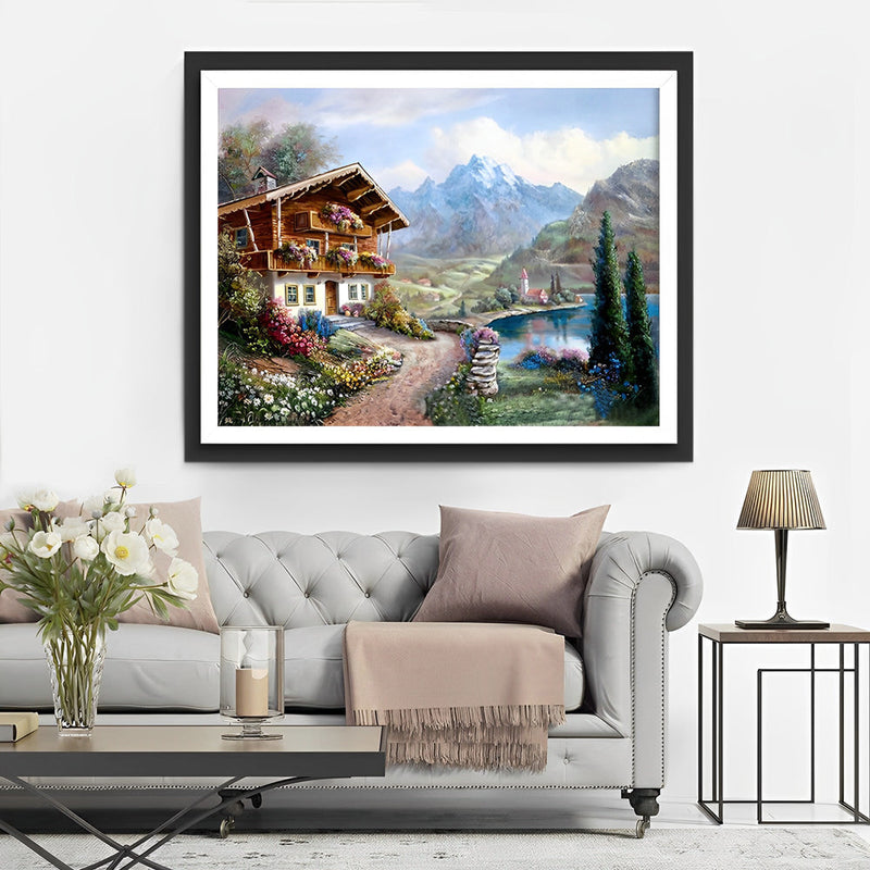 Chalet en Bois au Pied de la Montagne Broderie Diamant