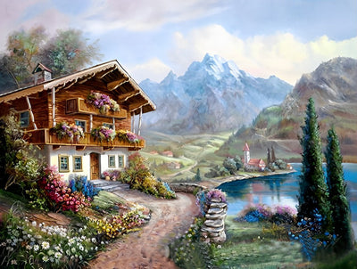 Chalet en Bois au Pied de la Montagne Broderie Diamant