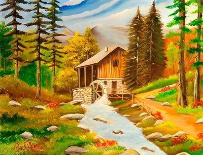Chalet et Forêt d'Automne Broderie Diamant