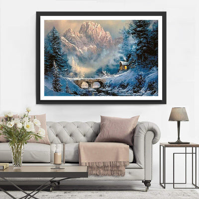 Chalet et Pont Couverts de Neige Broderie Diamant