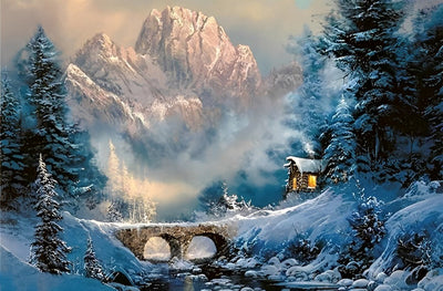 Chalet et Pont Couverts de Neige Broderie Diamant