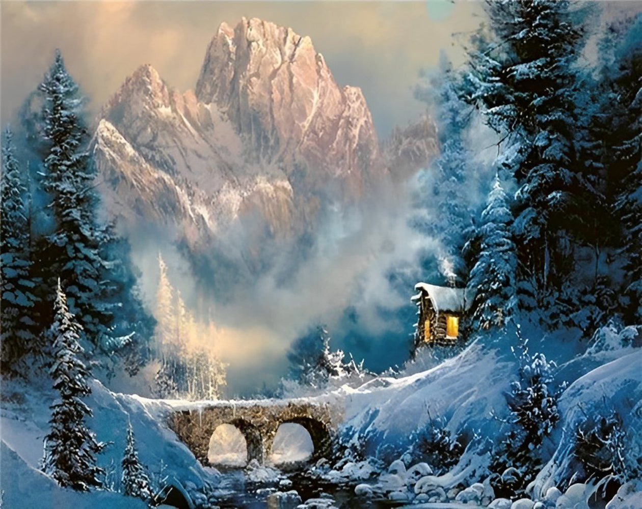 Chalet et Pont d'Hiver Broderie Diamant
