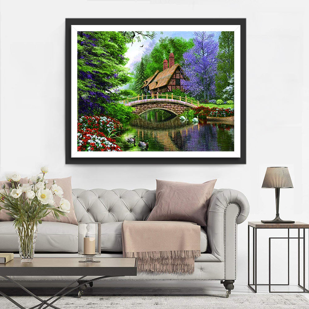 Chalet et Pont de Printemps Broderie Diamant