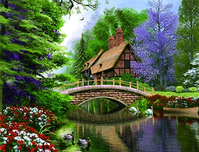 Chalet et Pont de Printemps Broderie Diamant