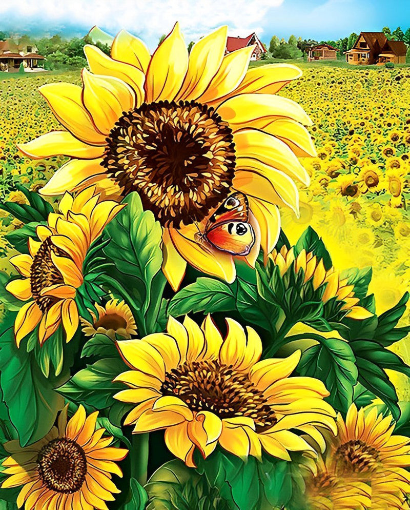 Champ de Tournesols et Papillon Broderie Diamant