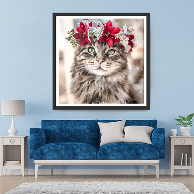Chat à Poil Long avec Couronne de Fleurs Broderie Diamant