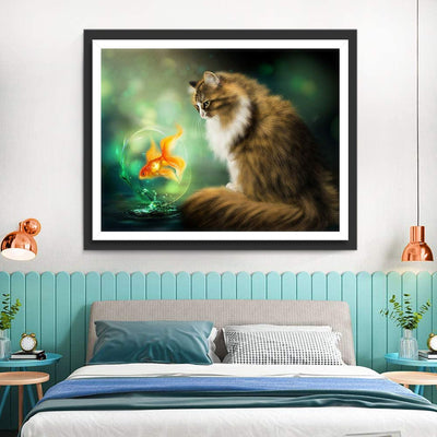 Chat à Poil Long et Poisson Rouge Broderie Diamant