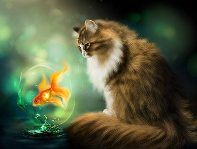 Chat à Poil Long et Poisson Rouge Broderie Diamant