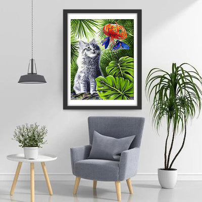 Chat Admirant les Fleurs Broderie Diamant