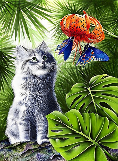 Chat Admirant les Fleurs Broderie Diamant