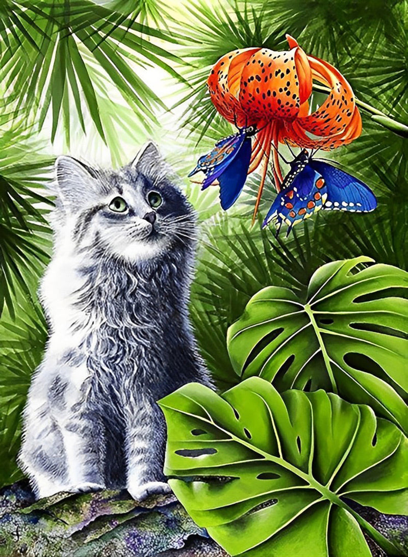 Chat Admirant les Fleurs Broderie Diamant