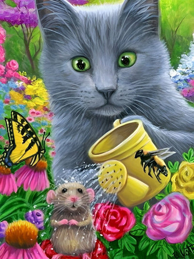 Chat Animal Chat Gris et Souris Marronne Broderie Diamant