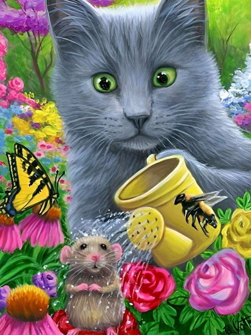 Chat Animal Chat Gris et Souris Marronne Broderie Diamant