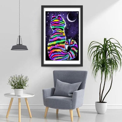 Chat aux Couleurs de l'Arc-en-ciel Regardant la Lune Broderie Diamant
