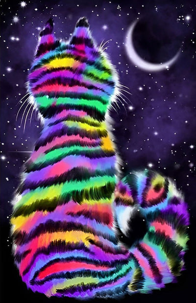 Chat aux Couleurs de l'Arc-en-ciel Regardant la Lune Broderie Diamant