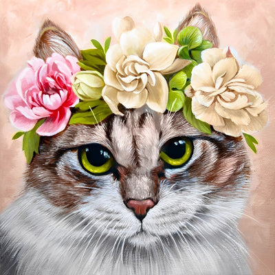Chat aux Yeux Verts avec Couronne de Roses Broderie Diamant