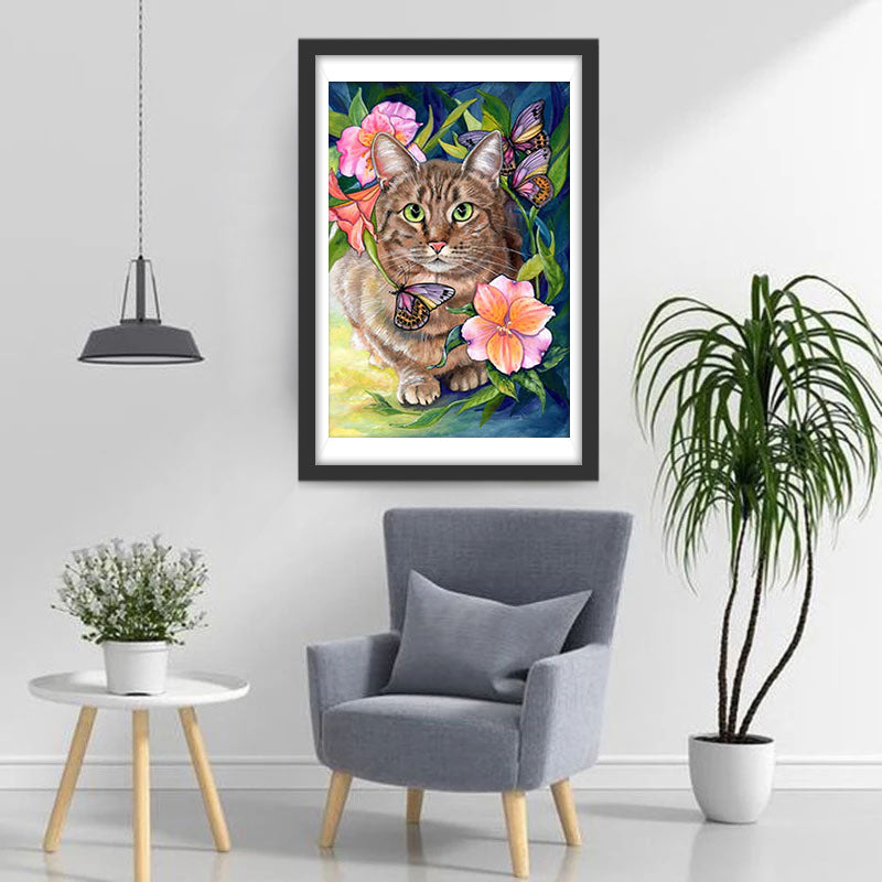 Chat aux Yeux Verts et les Fleurs Broderie Diamant