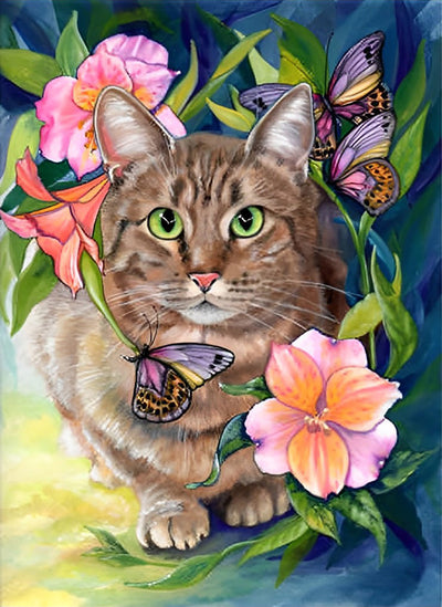Chat aux Yeux Verts et les Fleurs Broderie Diamant