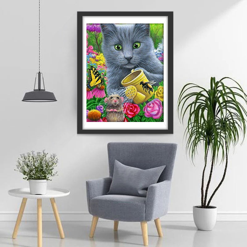 Chat aux Yeux Verts et Souris Marronne Broderie Diamant