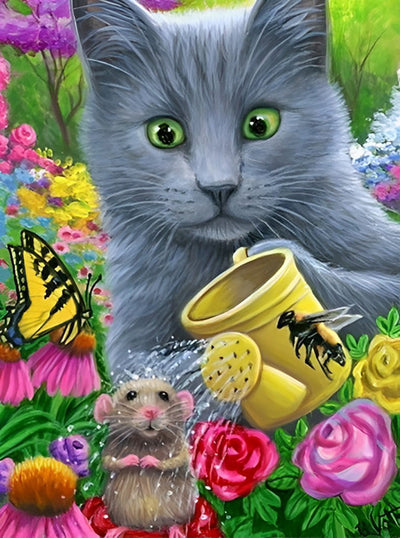 Chat aux Yeux Verts et Souris Marronne Broderie Diamant