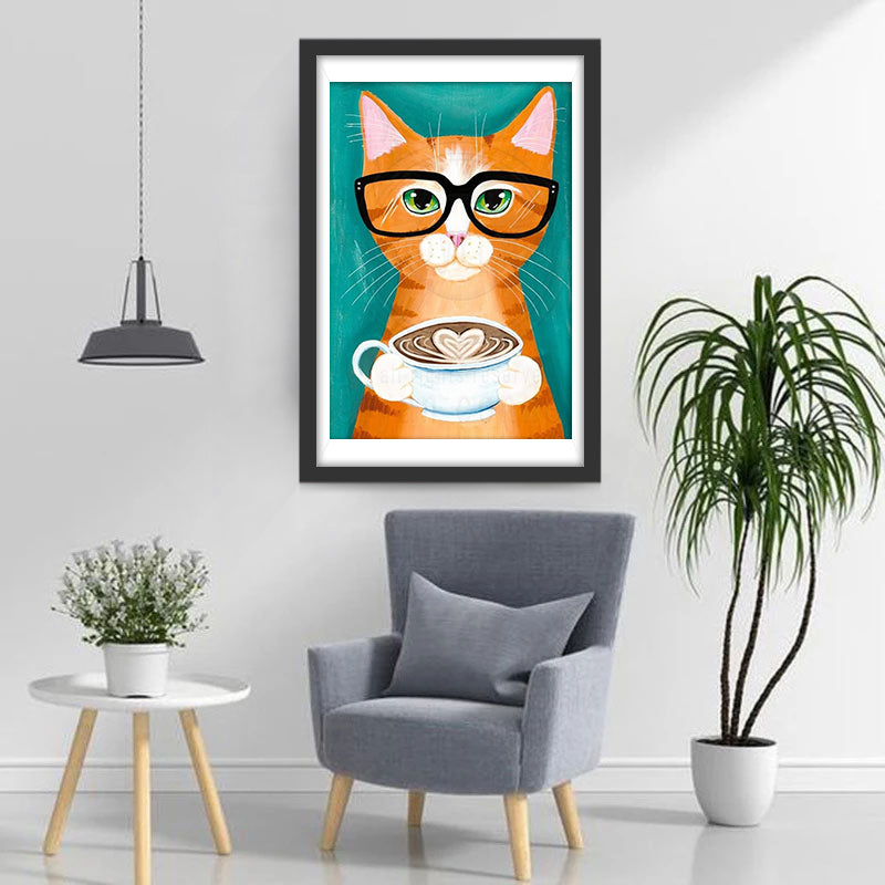 Chat avec des Lunettes Buvant du Café Broderie Diamant