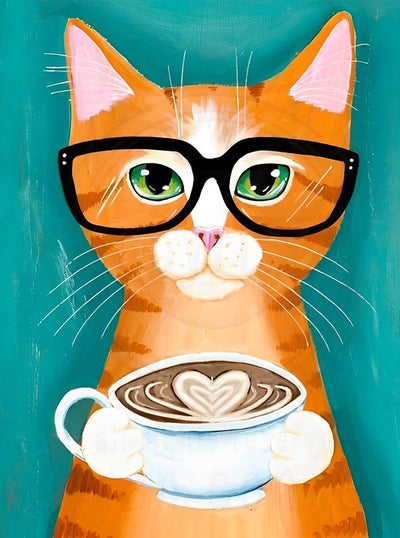 Chat avec des Lunettes Buvant du Café Broderie Diamant