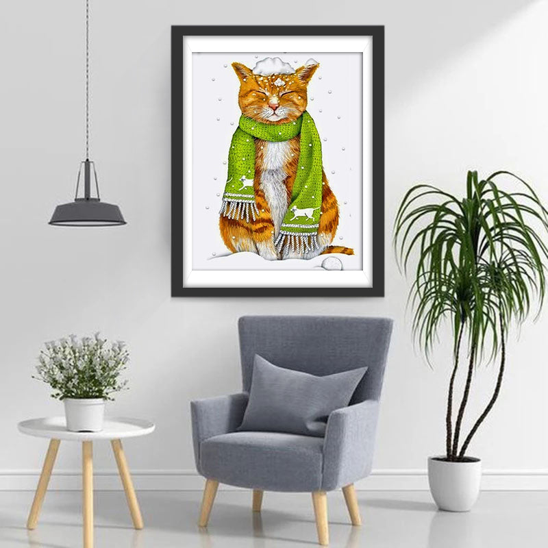 Chat avec Echarpe Vert Broderie Diamant