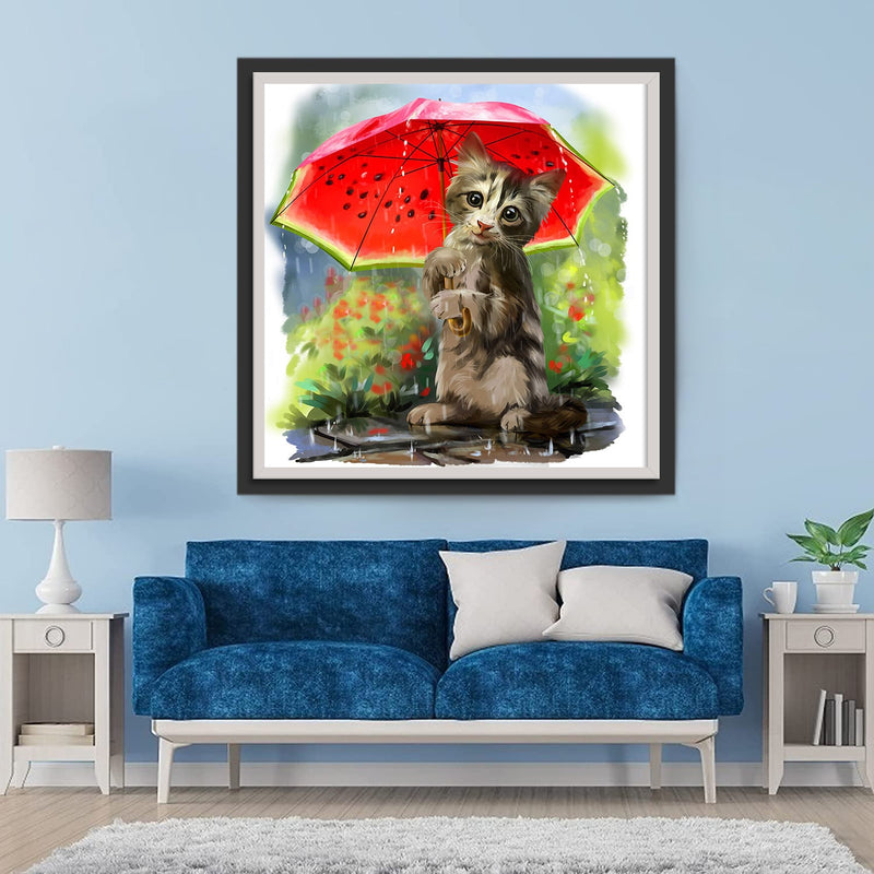 Chat avec un Petit Parapluie de Pastèque Broderie Diamant