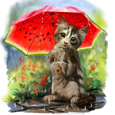 Chat avec un Petit Parapluie de Pastèque Broderie Diamant