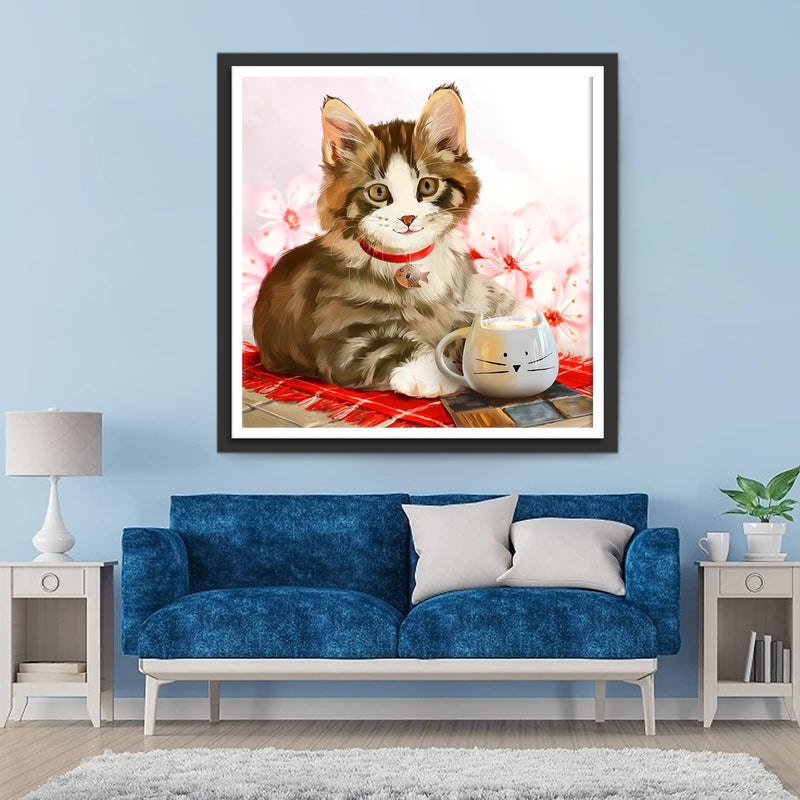 Chat avec une Clochette et une Tasse à Thé Broderie Diamant