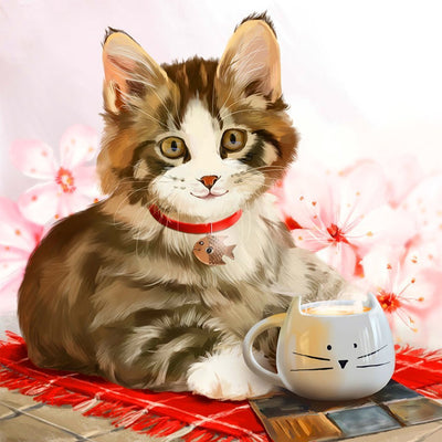 Chat avec une Clochette et une Tasse à Thé Broderie Diamant