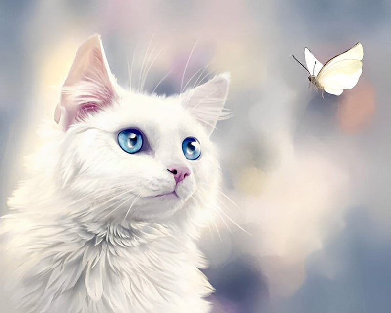 Chat Blanc Angélique et Beau Papillon Broderie Diamant