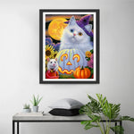 Chat Blanc aux Pupilles Étranges pour Halloween Broderie Diamant