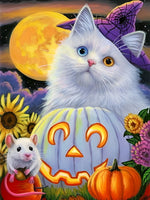 Chat Blanc aux Pupilles Étranges pour Halloween Broderie Diamant