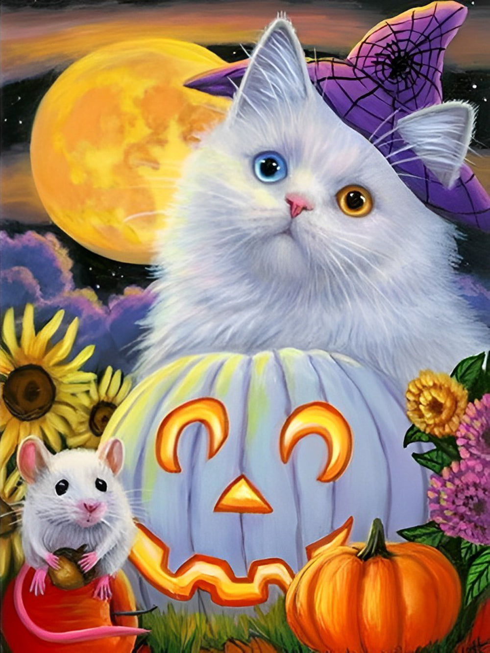 Chat Blanc aux Pupilles Étranges pour Halloween Broderie Diamant