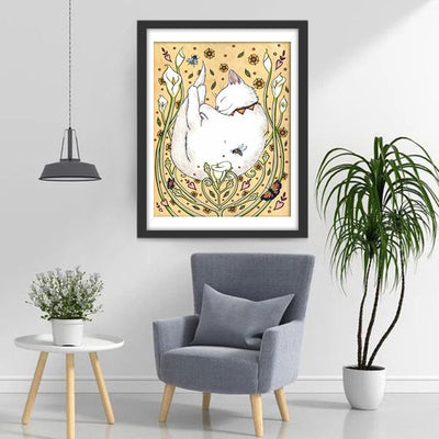 Chat Blanc en Boule Somnolant Broderie Diamant