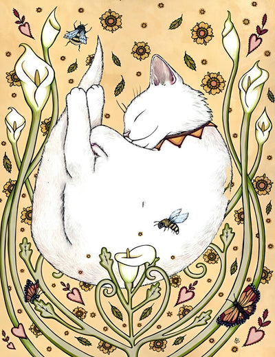 Chat Blanc en Boule Somnolant Broderie Diamant