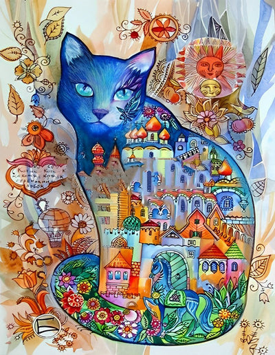 Chat Bleu et Cité Merveilleuse Broderie Diamant