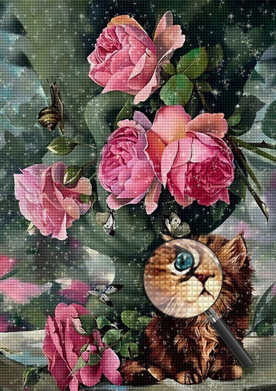 Chat Brun aux Yeux Blancs et les Roses Broderie Diamant