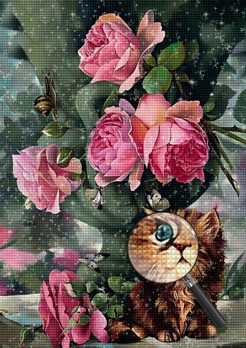Chat Brun aux Yeux Blancs et les Roses Broderie Diamant