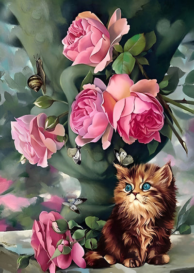 Chat Brun aux Yeux Blancs et les Roses Broderie Diamant