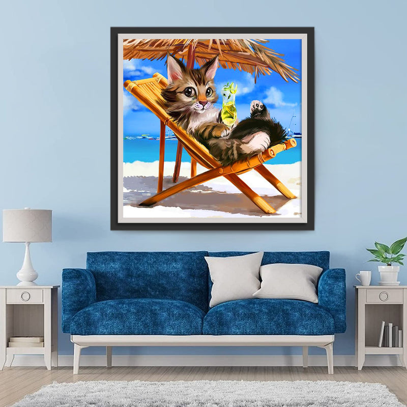 Chat Buveur de Cocktail sur la Plage Broderie Diamant