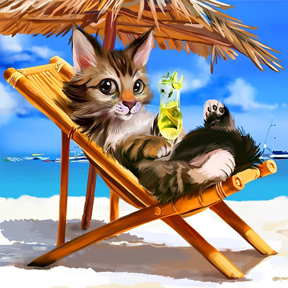 Chat Buveur de Cocktail sur la Plage Broderie Diamant