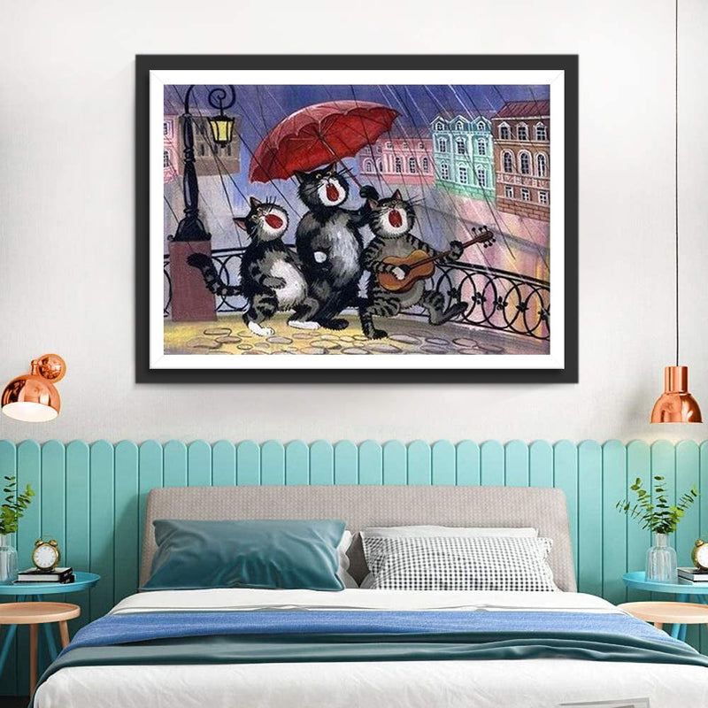 Chat Chantant sous la Pluie Broderie Diamant