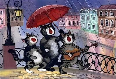 Chat Chantant sous la Pluie Broderie Diamant