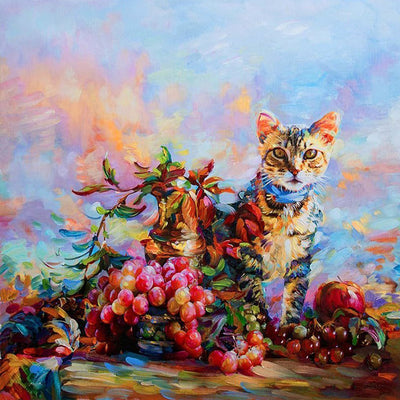 Chat Coloré et une Grappe de Raisin Broderie Diamant