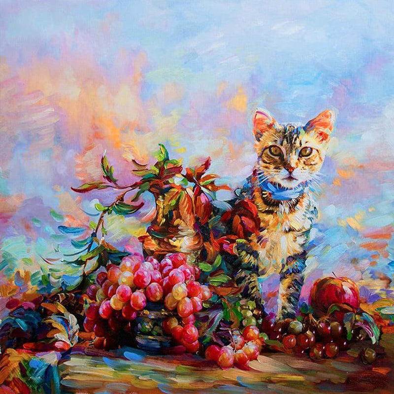 Chat Coloré et une Grappe de Raisin Broderie Diamant