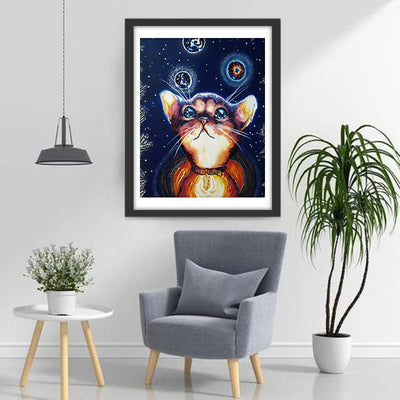 Chat Contemplant les Étoiles Broderie Diamant