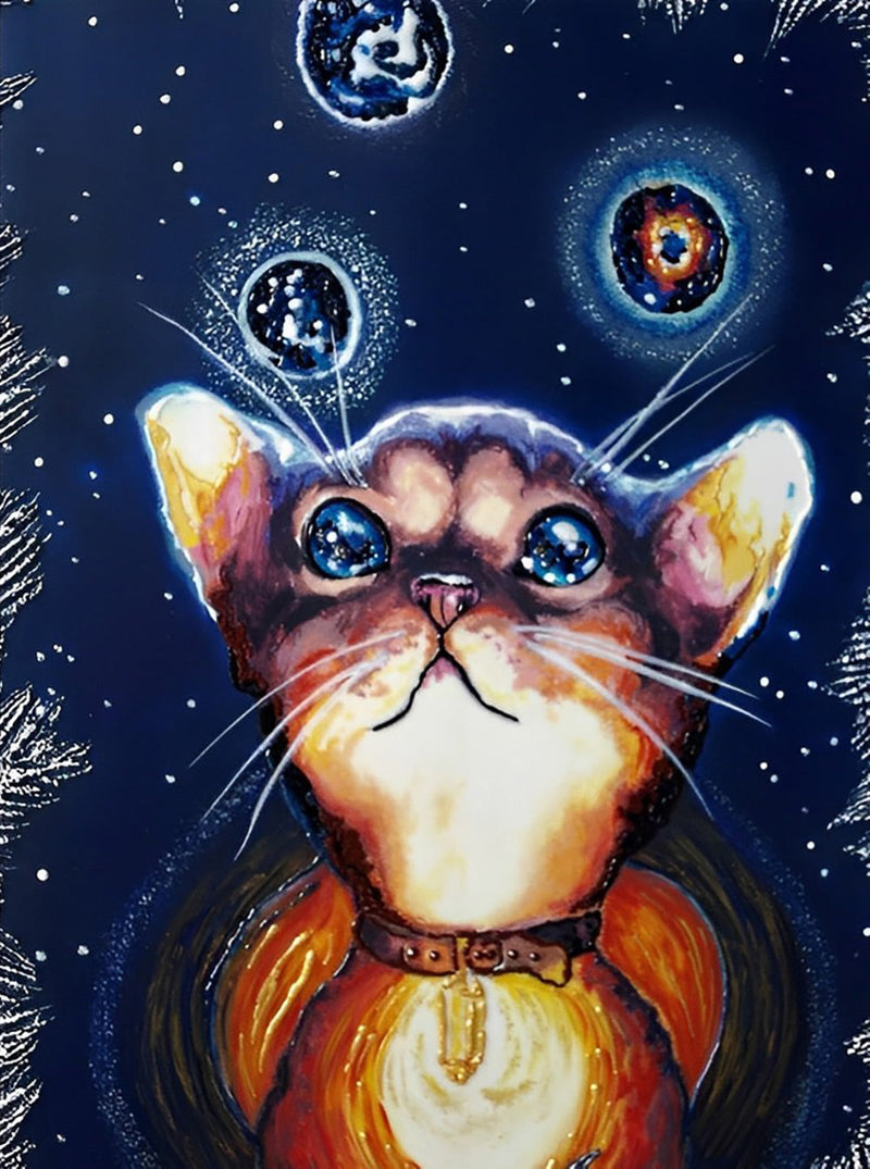 Chat Contemplant les Étoiles Broderie Diamant